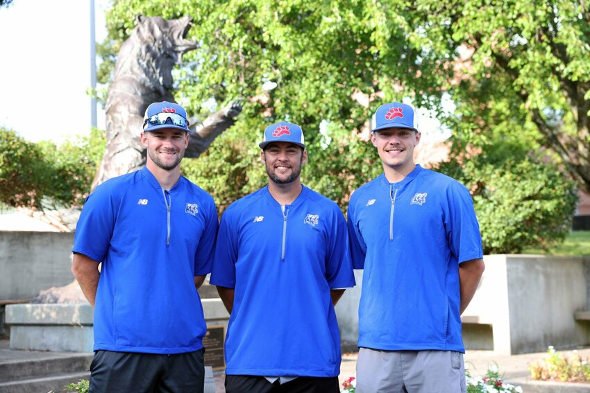 THE COACHING STAFF for the 2024-2025 Grizzly Baseball team at Missouri State University-West Plains (MSU-WP) is set. From left are Assistant Coach Jakob Woods, Head Coach Kadem Tharp and Assistant Coach Bo Crites. (MSU-WP Photo)