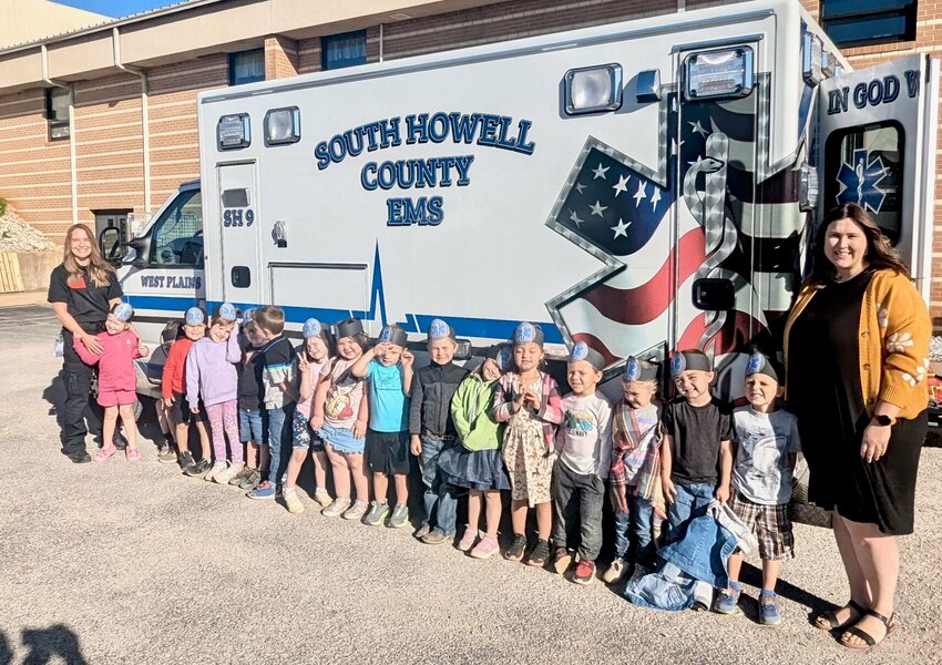 Elizabeth Skiles from South Howell County Ambulance recently visited West Plains Elementary preschoolers to share about her role as a first responder. The students got an up-close look at the ambulance and learned what it takes to help keep our community safe. The visit came as the students spent a week exploring the world of community helpers. As a sweet bonus, Skiles’ daughter, Emilia, shown here with her mom, left, and the rest of her class and teacher Hannah Beaulieu, right, got to see her mom in action.