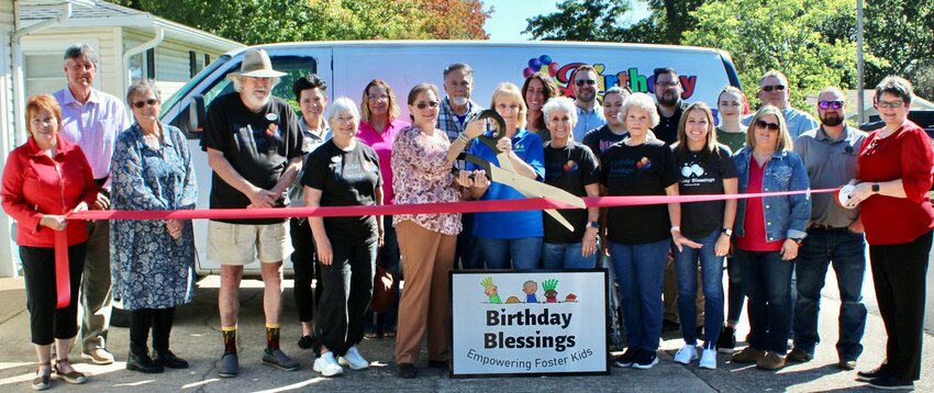 Birthday Blessings, a locally-based charitable organization serving foster children of all ages in about 30 counties across Missouri, is now a member of the Greater West Plains Area Chamber of Commerce. Its signature program is birthday &quot;kits&quot; packed with cake ingredients, party supplies and gifts, but other donations of needed items like bedding, duffel bags and backpacks, items for older teens setting up their first household, infant care and seasonal treats are also gifted. The items are received, sorted and distributed from a rental space to children identified through partnerships with the Children's Division, Court Appointed Special Advocates (CASA), and the Child Advocacy Center. From left: chamber ambassador Judy Ingalsbe; 37th Judicial CASA Executive Director Connie Pendergrass; CASA volunteer James Ware; 37th Judicial CASA Program Director Kathleen Wolf; Birthday Blessings Executive Director Shannon VonAllmen, Director Candi Johnson and volunteers Sharon Ogle, Marsha Crutchfield and Cheryl Murphy; and chamber members Tina Cline, Jared Underwood and ambassador Stephanie Beltz-Price.