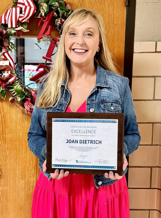 West Plains R-7 School District official extend their congratulations to Joan Dietrich, instructor for the West Plains High School Jobs for American Graduates program for being presented the 2024 Journey to College Regional Excellence Award for the southwest Missouri region. The honor from the Missouri Department of Higher Education and Workforce Development recognizes Dietrich’s dedication and resourcefulness in helping students succeed. She will be formally recognized in July 2025 in Jefferson City.