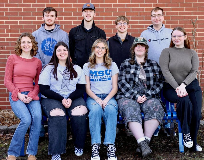 Candidates for the 2025 Homecoming king and queen at Missouri State University-West Plains have been selected. Seated, from left, are queen candidates Jayanna Draper, Lynchburg; Kennedy Eckley, Vienna; Aubrey Hull, Essex; Rylee Rather, Mtn. Home, Ark.; and Autumn Collins, West Plains. King candidates, standing, are Ryan Steinbrink, Plato; Heath Johnson, West Plains; Walker Loveland, Sparta; and Seth Roush, West Plains. Mo Totty, West Plains, also is a king candidate.