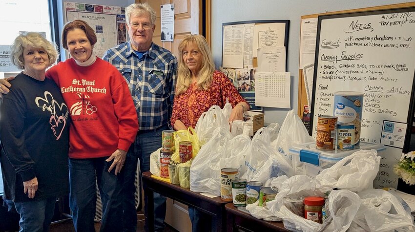 The congregation of St. Paul Lutheran Church in West Plains donated nonperishable food items and hygiene products to the Martha Vance Samaritan Outreach Center to assist in its goal of providing food, shelter, clothing and other services to the unhoused community. Samaritan Outreach, 715 Missouri Ave. in West Plains, serves daily hot meals to all and is a homeless shelter that connects residents with employment and other resources for placement in permanent housing. To learn more about Samaritan Outreach or to donate, call 417-257-7792 or email soc711@centurylink.net. From left: St. Lutheran congregation members Betty Drinnon, Lynn Bentele and John Burgdorf with Samaritan Outreach Center Administrator Lori Concepcion.