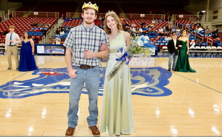 Jayanna Draper, right, Lynchburg and Ryan Steinbrink, Plato, were crowned the 2025 Grizzly Homecoming Queen and King, respectively, during halftime activities of Saturday&rsquo;s basketball game between Missouri State University-West Plains and Mineral Area College in the Joe Paul Evans Arena at the West Plains Civic Center. Draper and Steinbrink were both sponsored by the Christian Campus House (CCH) organization.