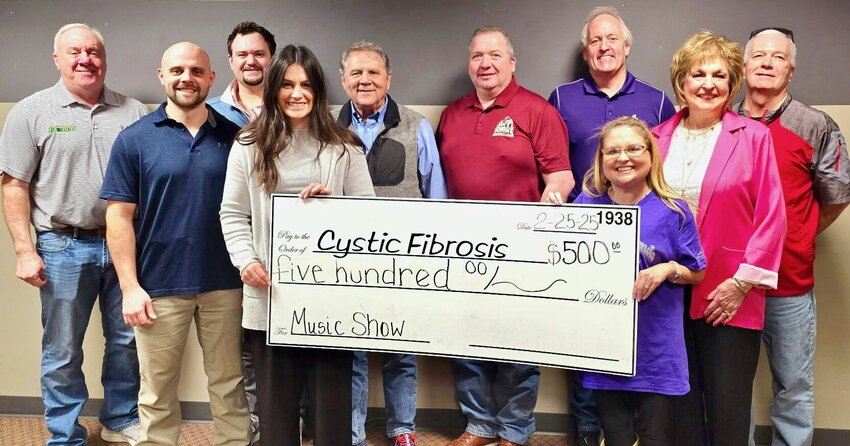 At a recent regular noon meeting of the West Plains Kiwanis Club, members of Cystic Fibrosis of West Plains were invited to be guest speakers. Lois Frazier gave a background and update on research information regarding cystic fibrosis, a genetic respiratory disease for which there is no cure. Jessica Joice-Frazier spoke about the upcoming performance of children&rsquo;s singing group Jessica&rsquo;s Friends, and Rick Frazier gave highlights of the 37th annual Cystic Fibrosis Concert featuring Rodney Atkins on March 15 at the West Plains Civic Center. West Plains Kiwanis Club presented Cystic Fibrosis of West Plains a $500 donation. &ldquo;We appreciate what the Kiwanis Club does for us and others each year. They all work really hard raising money to help other organizations like ours,&rdquo; said Rick Frazier.&nbsp;&ldquo;The Kiwanis have been supporting this amazing group for a long time,&rdquo; said Ron Grennan, with the club. &ldquo;These people and their dedication and focus are nothing short of amazing.&rdquo; Front row, from left: Kiwanis members Tyler Martin and Cass Denton with Joice-Frazier and Lois Frazier. Back row: Kiwanis members Grennan and Weston Gant, Rick Frazier, and Kiwanis members Jayme Wilson, John Grisham and Scott Womack.