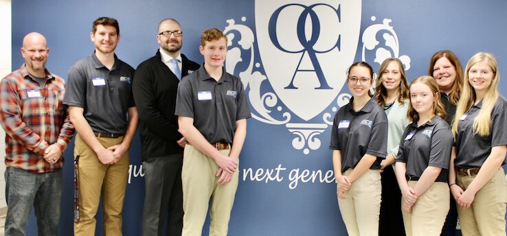Ozarks Christian Academy held open houses on Feb. 25 and Thursday to give potential students and their families an opportunity to tour the facilities, learn about curriculum and meet school administrators, and get enrollment information. OCA is school with grades from pre-kindergarten through 12, offering a classical faith-based education, sports and opportunities for interscholastic academic participation in competitions and Junior Beta Club. The academy is located at 210 Allen St. in West Plains. For information about programs and enrollment, visit the school&rsquo;s Facebook page @ozarkschristianacademy, call 417-255-1622 or visit the website at ozarkschristianacademy.com. From left: OCA board member Steve Hollingshad, student ambassador DJ Cobban, Director of Marketing and Enrollment Allen Lorton, student ambassadors Sam Mills and Averie Martin, Principal Melissa Stephens, student ambassador Cadence Stokes, Donor Development Coordinator Michelle Cobban and student ambassador Ellie Aichele.