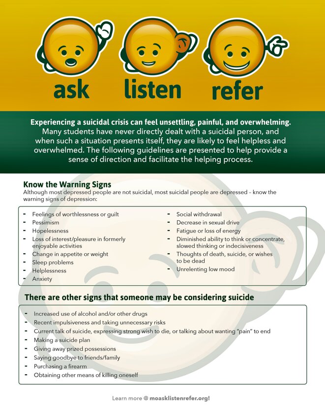 The University of Missouri Extension offers mental health support toolkits designed for farm families and their communities, including this &ldquo;Ask, Listen, Refer&rdquo; tip sheet. It lists guidelines intended to help provide a sense of direction and facilitate help, including knowing warning signs of depression and suicidal behavior, tips for support, and referral suggestions. More information is available at moasklistenrefer.org and at extension.missouri.edu/programs/agrability/show-me-strong-farm-families.