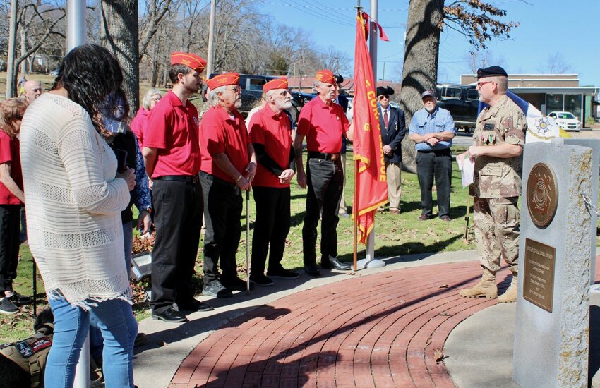 A ceremony commemorating the 34th anniversary of the end of Operation Desert Storm was held Feb. 28 at the People's Park Veterans Memorial in West Plains, hosted by local Veterans of Foreign Wars Post 1828. Post Jr. Vice Commander Scott Buennemeyer, right, conducted the ceremony, which was attended by local veterans in the U.S. Marine Corps League, American Legion and Veterans of Foreign Wars Post 1828, members, plus VFW District 18 Commander Gale Fugate of Ava, VFW Department of Missouri Commander Richard DePontee, and members of the Josiah Howell Chapter of the Sons of the American Revolution.