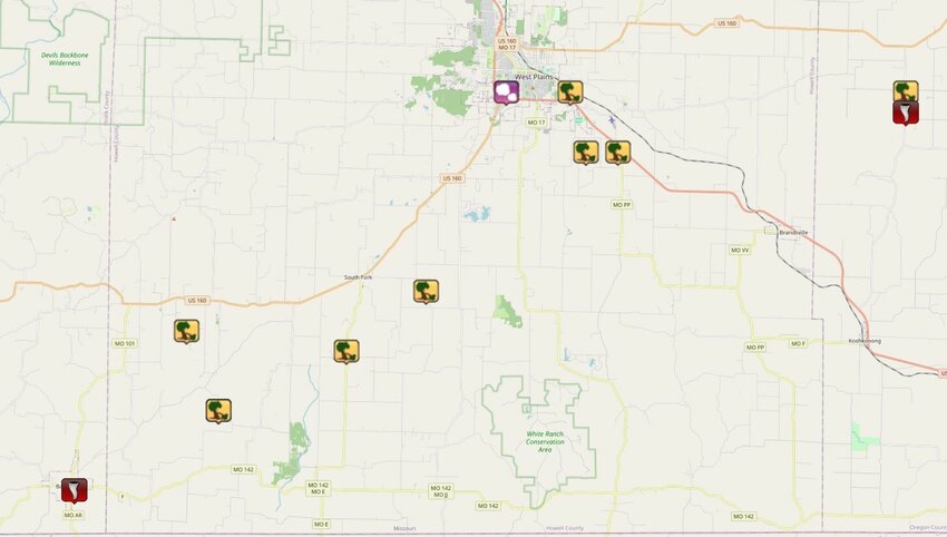 This graphic shows the Local Storm Reports received by the National Weather Service Office in Springfield Friday evening. Most of the reports received fell along a line from Bakersfield in Ozark County and Rover in Oregon County, where and EF-3 and EF-1 tornado were confirmed, respectively, between 8:40 and 9:13 p.m.