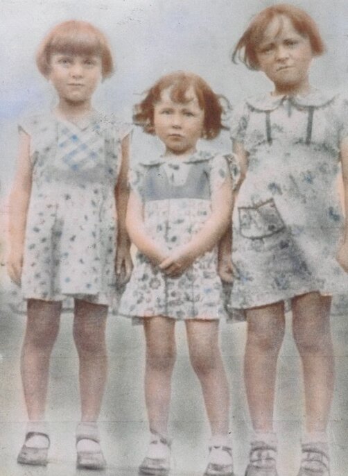 Sisters, from left, Violet, Velma and Vera Smotherman are wearing flour sack dresses made by their mother. The girls grew up in the 1930s and &lsquo;40s in Mtn. View, and are the inspiration for this series contributed by Vera&rsquo;s husband, Dwight Thirkield.