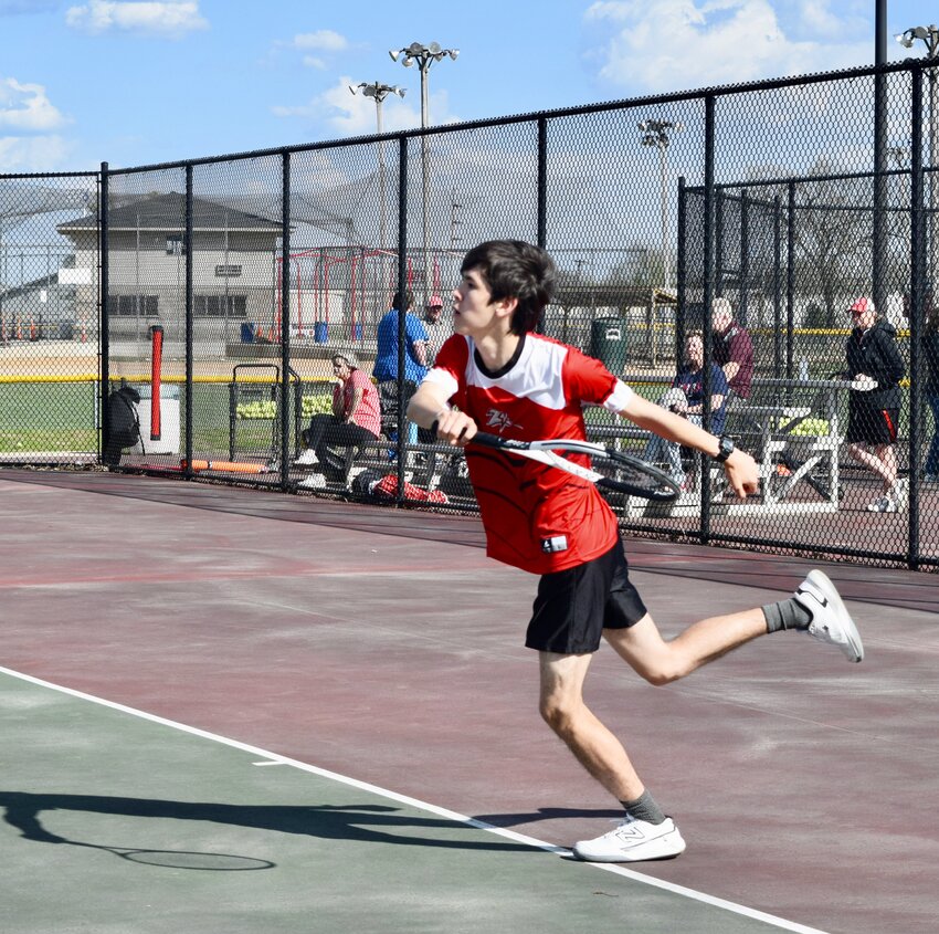 The Zizzers tennis team scored a 6-3 win Thursday over Mtn. View-Birch Tree Liberty on the courts at West Plains High School. &quot;A good day for Zizzer Tennis,&quot; Head Coach Nathan Huddleston said. Breaking down the results, Adam Vaughan and Brett Harris got a win at No. 1 doubles, LJ Temple and Reilly Jolliff won at No. 2 doubles and Mason Lancaster and Brady Anselm won at No. 3 doubles, playing varsity for the first time, as varsity players Michael McKale and Mikey Strong were absent. As for singles, West Plains got wins with No. 2 Temple, No. 3 Harris and No. 4 Jolliff, who is shown following through on a serve during Thursday&rsquo;s match. The Zizzers traveled Friday to Joplin for the Bird Dog Border Battle, and then headed Monday to the Lebanon Double Duals before hosting Rolla Tuesday afternoon at home.