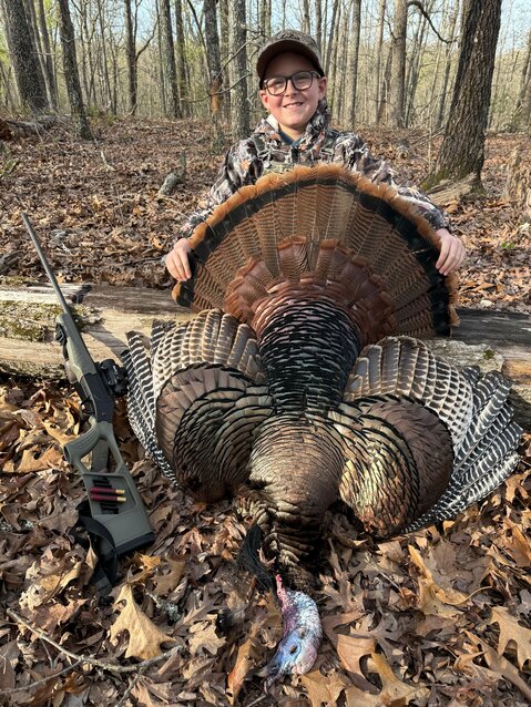 Dallas Anderson, 8 years old, West Plains, harvested this tom at 8:20 a.m. Sunday while hunting with his dad Austin and brother Tyler. The turkey boasted an 11 ½ beard and 1 1/16 inch spurs.