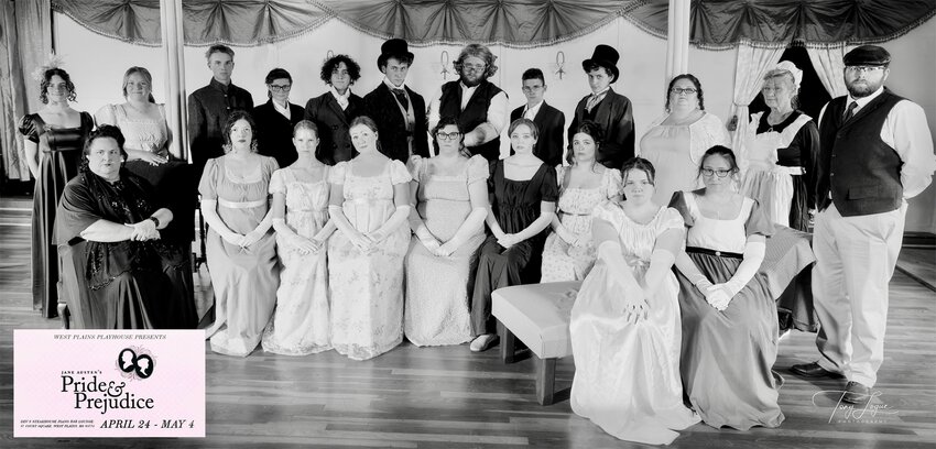 West Plains Playhouse's &ldquo;Pride &amp; Prejudice&rdquo; opens Thursday and runs through May, with performances taking place in the Grand Ballroom above Dev's Steakhouse Piano Bar Lounge, 37 Court Square in West Plains. The show, directed by Arah Craig and Becky Maendel, will run nightly from 7 p.m. Thursday through Saturday, with a 3 p.m. matinee showing on Sunday. Additional performances will be at 7 p.m. Tuesday and May 1 through 3, and another 3 p.m. matinee on May 4. Tickets are available online at shorturl.at/u6xZh or inside the Dev's Steakhouse Piano Bar Lounge lobby before each performance. Production staff note the Grand Ballroom will not have wheelchair access for the showings. Call 417-293-3894 with questions. The cast, which was not present in full for this photo, includes Jon Guilbert, Jay Wright, Maendel, Micah Friend, Charlotte Ellsworth, Alice Lyons, Charlie Kay Greim, Anastasia Craig, Catherine Pendergrass, James Thayer, ZaiRyah Young, Levi Mucklestone, Grace Loukota, Finn Pendergrass, Boaz Mucklestone, Angela Bullard, Addy Mucklestone, Gideon Mucklestone, Kimberly Thompson, Shanda Engelhardt, Sage Roush, Laura Behling, Philex Thomas, Caleb Hullinger, Jairden Loukota, Craig, Tray Whitsell and Megan Loukota.