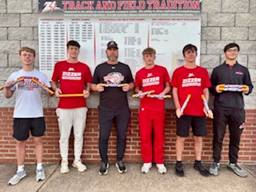 The 4X100- and 4X200-meter relay Zizzers track team champions from Monday's Southwest Baptist University Bearcat Classic in Bolivar are, from left, Will Stauffer, Lincoln Miller, Zizzers Head Coach Greg Dixon, Cameron Miller, Trentin Jeffords and Zack Tinsley. Overall, the boys placed second and the girls eighth at the meet.