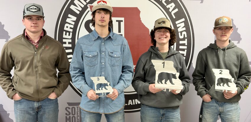 Students from the Southern Missouri Technical Institute&rsquo;s welding program made a clean sweep at the recent Missouri State University-West Plains High School Welding Contest, claiming the top four spots in the competition. &ldquo;These standout performances highlight the strength of SoMoTech&rsquo;s skilled trades programs and the bright futures of these aspiring welders,&rdquo; West Plains R-7 School District officials said, extending their congratulations to the winners, from left: Jaren Rutledge, fourth place; Andrew Jackson, third place; Hoyt Weisbrod, first place; and Kamdyn Ming, second place.