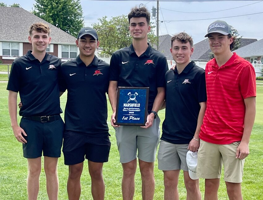 The West Plains Zizzer varsity golf team shot a combined 299 during the Marshfield Invitational Tournament Tuesday at Whispering Oaks Golf Course, a par 70 course in Marshfield. From left, team members Ashby Wood; AJ Stevenson, who shot a two under par 68 to take third place; Sam Gohn, who shot a 74 to earn fourth place; Johnny Sutherland; and Brooks Cobb.