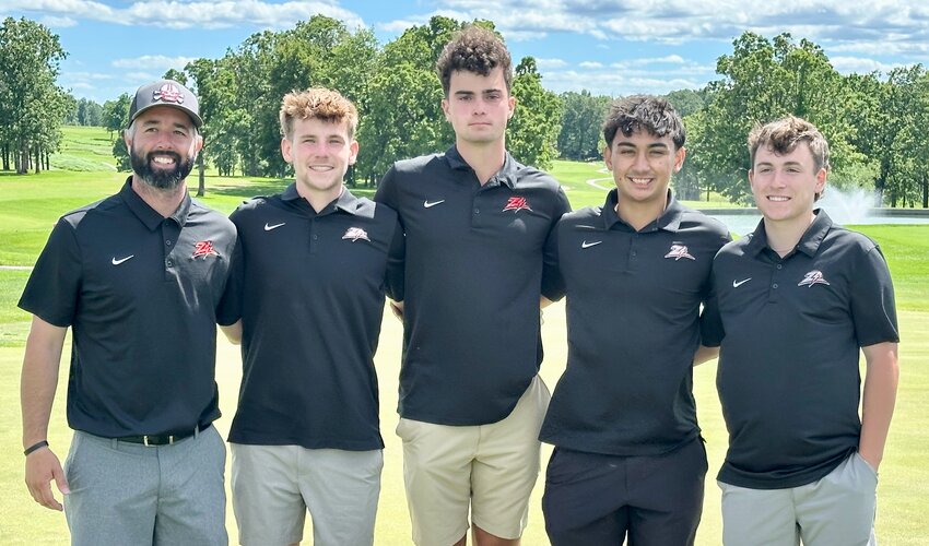 From left:  Zizzer Boys Golf Head Coach Jacob Womack, Ashby Wood, Sam Gohn, AJ Stevenson and Johnny Sutherland.