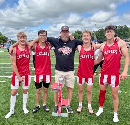 A new school record in the 4X100-meter relay was set by runners on the West Plains Zizzers boys track team at the Class 4, Sectional 3, track and field meet Saturday at Waynesville High School. Relay team members are, from left, Cameron Miller, Zack Tinsley, Coach Greg Dixon, Will Stauffer and Lincoln Miller. Their time of 41.86 bested a 2022 record of 42.34. The West Plains boys team placed first at the meet, the girls fourth.