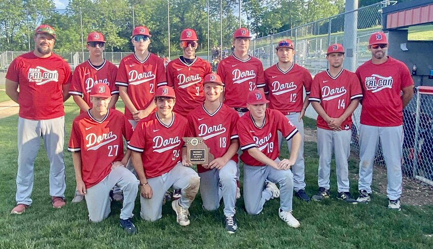 The No. 2-seeded Dora Falcons Baseball team took second place in the May 22 Class 1 District 4 Championship game against Galena, No. 1 seed, with a final score of 7-1, according to the Missouri State High School Activities Association tournament bracket. The Falcons overcame third-place team Summersville Wildcats earlier in the day with a score of 4-3. Team members are, front row, from left: Briggs Gunter, Brady Thompson, Carson Howard and Lathan Smith. Back row: Head Coach Stetson Neldon, Blake Uhlmann, Braxton Mayberry, Liam Gray, Westin Ledbetter, Connar Lovan, Treyton Rogers and assistant coach Devon Uhlmann.