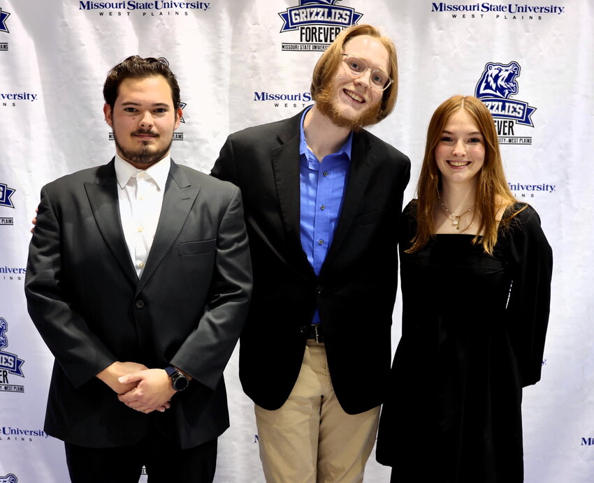 The 2025-26 Student Government Association president and vice president at Missouri State University-West Plains were sworn in during the annual Celebration of Leaders student awards ceremony April 24 at the West Plains Civic Center. They are President Max Bittle, left, Houston, and Vice President Michell Robles, right, West Plains. Congratulating them above is 2024-2025 SGA President Mo Totty, West Plains.