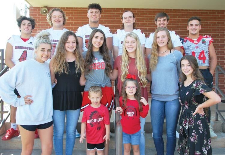 The homecoming court at Washington High School includes front row from left, Kinzie Schultz, Payton Glasgow, Peyton Prock, Kaytin McKay, Ellie Loveless and Aly Hobbs. In the back row, from left, are Jaxon Sanchez, Austin Smith, Luke Steele, Kaden DuBois, Emitt Wilk and Jadon Sanchez. Not pictured is Kelton Schultz. The crown bearer and flower girl are Gage Wilk and Peyton Enox, respectively.