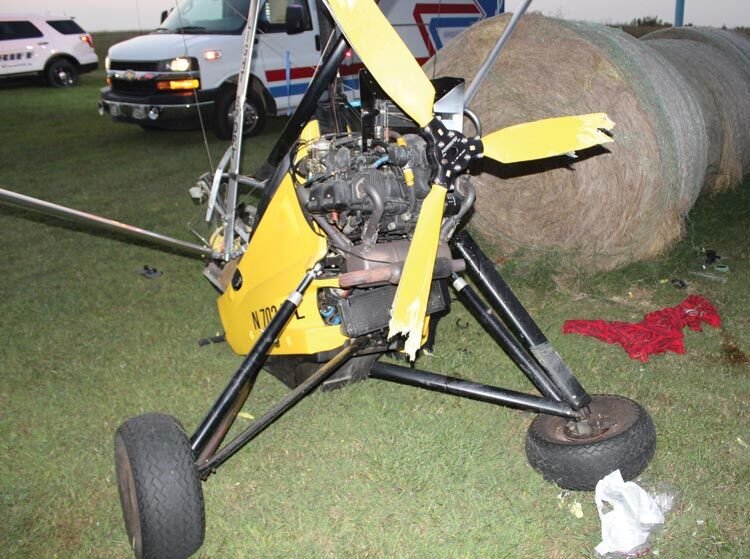 While taxiing in a field south of Rosedale last Saturday the Ultralight Trike plane piloted by Dwayne Hatcher, 66, of Wayne struck a hay bale. Hatcher was admitted to OU Medical Center in serious condition after being transported by AirEvac.