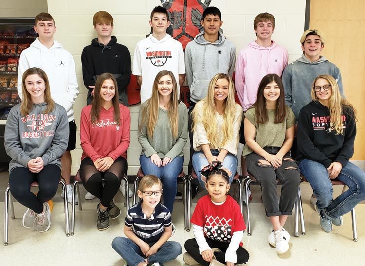Who will wear the crows as Washington High School&rsquo;s basketball homecoming queen and king? The court includes seated from left, Tinley Lucas, Laylin Scheffe, Paige Taylor, Abi Hayes, Rylee Andrews and Mattie Richardson. Standing from left Hayden Hicks, Graham Schovanec, Colten Ross, Hector Quinonez, Aden Hyde and Jaxon Sanchez. In front are Liam Scheffe, left, and Esmeralda Ocampo.