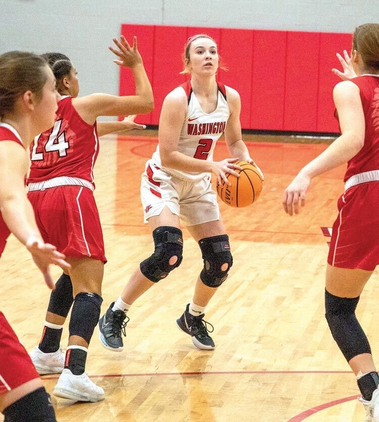 Washington sophomore Tinley Lucas scored 45 points in three games as Washington marched into the Area tournament. Washington plays Community Christian today (Thursday) at 6 p.m.