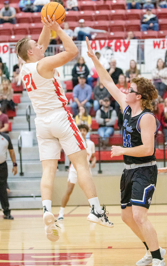 Purcell junior Hayden Ice shoots over a Bridge Creek defender January 4 during the Dragons&rsquo; 66-37 win. Ice scored eight points.