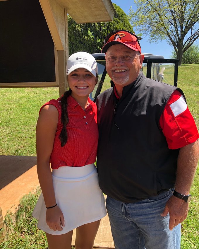 Purcell senior Grace Smith qualified for the State golf tournament after shooting 99 this past Tuesday at Brent Bruehl Memorial Golf Course. State will be held at Lake Murray Golf Course in Ardmore May 4-5. Pictured with Smith is Purcell golf coach Mike Gowens.