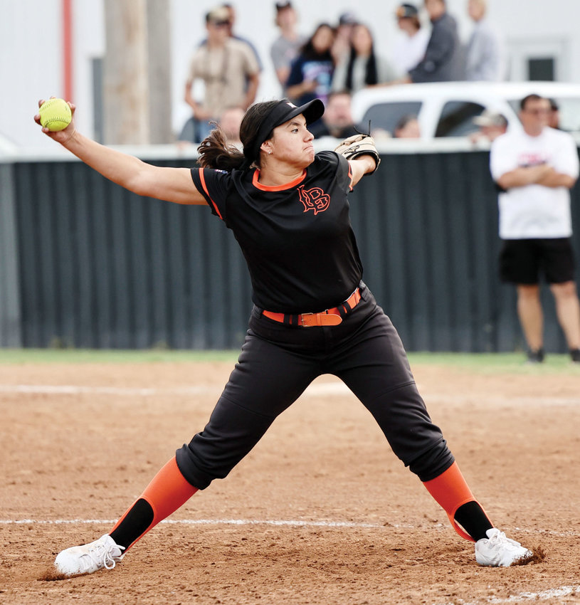 Lexington senior Cora Vasquez delivers a pitch for the Bulldogs from the pitcher&rsquo;s circle. Lexington opens the Sterling tournament today (Thursday) against Lawton Ike at 12:30.