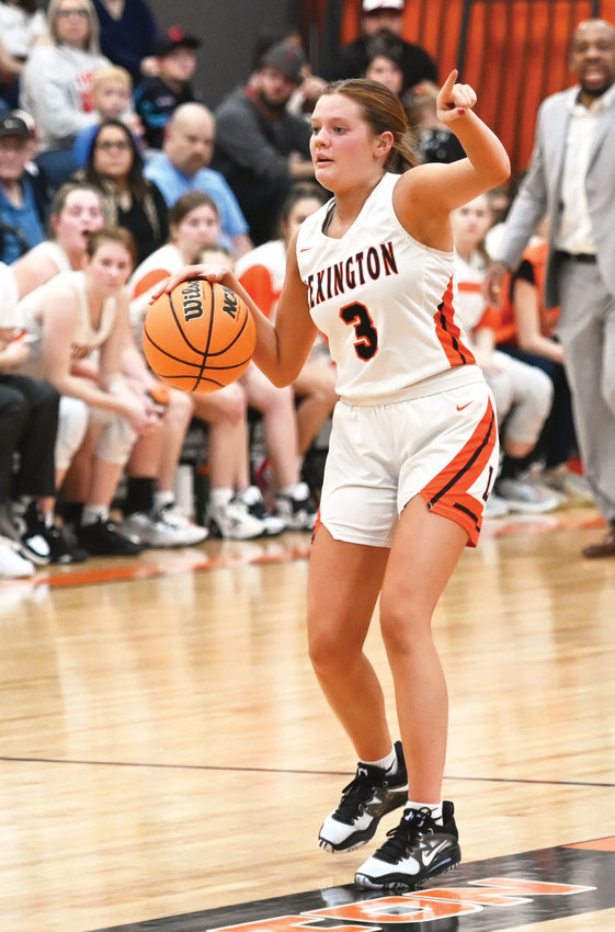 Lexington senior Rylee Beason organizes the half court offense. Beason and the Bulldogs travel to Purcell Friday for a 6:30 p.m. showdown with the Dragons.