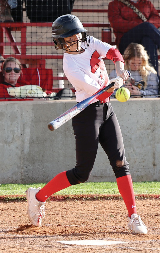 Purcell junior Payci Constant drives a ball off the barrel of the bat for the Dragons. Constant and the Dragons host a pair of games today (Thursday) &ndash; Dibble at 11 a.m. and Mustang at 3 p.m.
