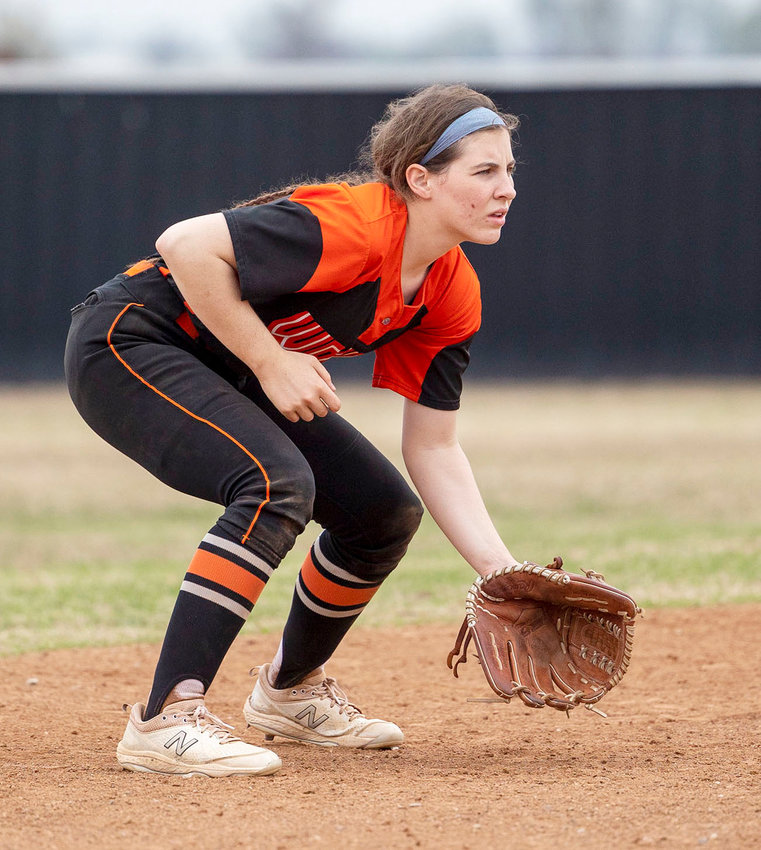 Wayne senior shortstop Kaylee Madden gets her glove in position to make a play for the Lady Bulldogs. Madden and her team have a double header with Konawa on Friday.