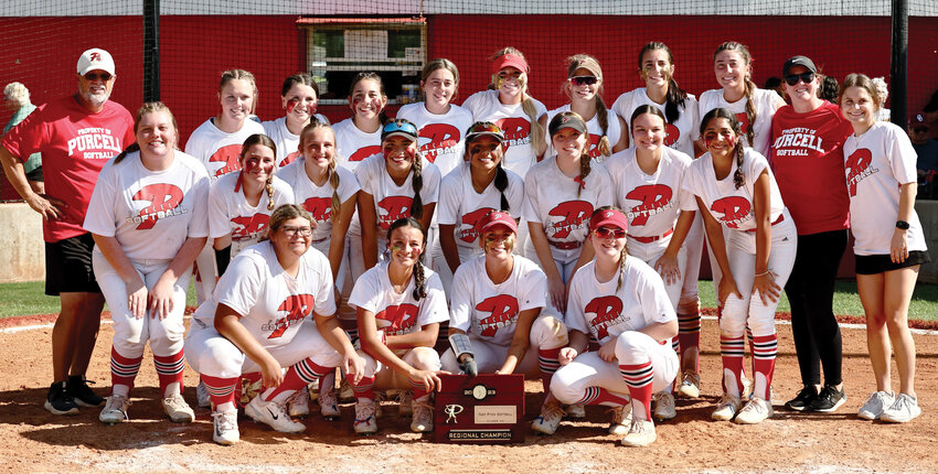 The Purcell fast-pitch softball team defeated Perkins-Tryon 10-3 and 8-3 to secure the Regional championship. With the wins, they moved on to the Super Regional against Plainview. Pictured are, from front left, Kelly Anderson, Payci Constant, Savanna Edwards and Kailynn Helton. In the middle row are, from left, McKinly Miller, Jasey Baker, Anika Raper, KK Vazquez, Kenna Esparza, Ellie Reed, Aubrey Elmore and Lili Del Toro. On the back row, from left, are assistant coach Roger Raper, Emma Renfro, Mac McKay, Rosie Smith, Kylee Barrett, Brynley Jennings,  Hadleigh Harp, Hannah Whitaker, Ella Resendiz, head coach Sarah Jones and manager Haley Kretchmar.