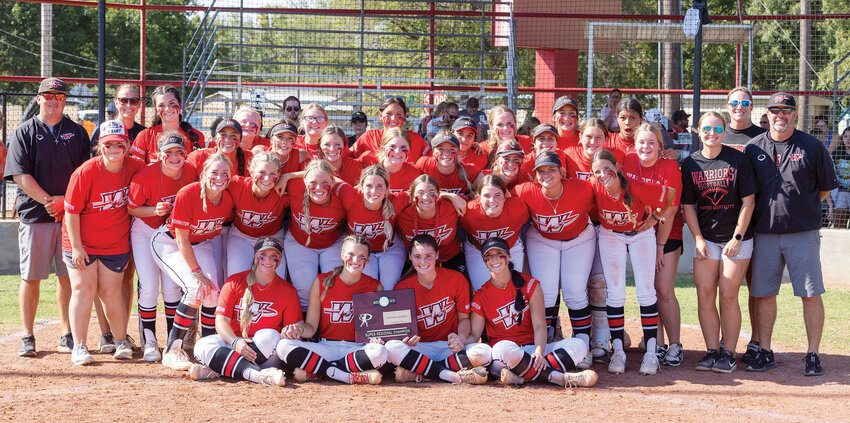 The Washington Warriors defeated Sperry 3-0 and 15-3 to claim the Super Regional championship. With the wins they advanced to the State fast-pitch softball tournament at the Ballfields at FireLake in Shawnee. Pictured are, from front left, Bailey Hyde, Alexis Gay, Emjay Lucas and Halle Andrews. On the second row are, from left, Breanna Lindert, Shelbie Caveness, Addy Larman, Olivia Palumbo, Sage Ryan, Taylon Elliott, Mikala West and Ava Grimes. On the third row, from left, are Abigail Austin, Dorothy Shepard, Aly Reyes, Bree McHughes, Kelby Beller, Presley Lucas, Emersyn Massey and Reese Schrader. On the back row, from left, are head coach Tylor Lampkin, assistant coach Jennifer Gay, Daphne Palumbo, Chloe Mallory, Tatum Hyde, Elena Lopez, Isabella Castillo, Kinzlee Pogue, Laney Gay, Raelee Adkins, Julie Hoehner, Ava Salcedo, Mackenzie Miller, assistant coach Raylee Pogue, assistant coach Alicia Blackburn and assistant coach Brad Lucas.