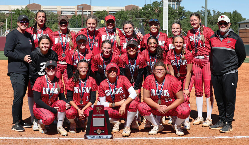 The Purcell fast-pitch softball team claimed State runners-up Saturday at Marita Hynes Field on the OU campus. They fell to Newcastle 4-0. Pictured are, from front left, Kailynn Helton, Payci Constant, Savanna Edwards and Kelly Anderson. On the second row, from left, are are manager Haley Kretchmar, Ellie Reed, Jasey Baker, Kenna Esparza, Lili Del Toro and Anika Raper. On the back row, from left, are head coach Sarah Jones, Hannah Whitaker, Hadleigh Harp, Emma Renfro, Brynley Jennings, Mac McKay, KK Vazquez, Aubrey Elmore, Ella Resendiz and assistant coach Roger Raper.