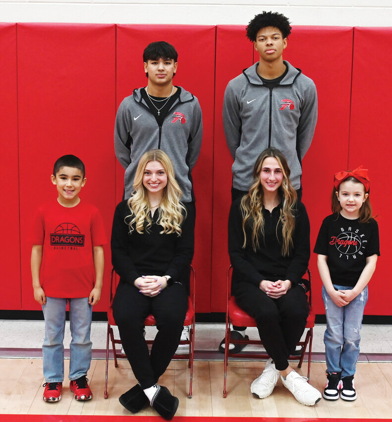 Purcell&rsquo;s basketball homecoming coronation will be held Friday, January 12 at 6 p.m. at the Reimer Center prior to the Dragons&rsquo; games against Lexington. Members of the court include, from front left, crown bearer JJ Franco, Jenna Avery, Alyssa Thompson and flower girl Alex Blair. In the back are junior escort Brayden Tharp and king candidate Kylen DeFreeze.