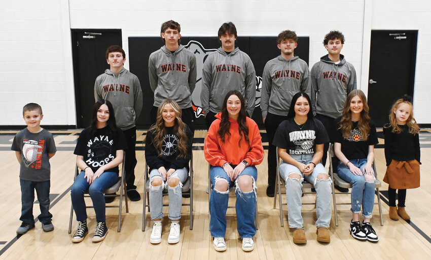Wayne will hold homecoming coronation Friday, January 26, at 6 p.m. prior to the Konawa basketball games. Members of the court include, from left, crown bearer Rayden Clifton, Alyssa Hobson, Madi Sharp, Faith Brazell, Brysten Shephard, Addison Keeler and flower girl Reese Elizabeth Foshee Lang. On the back row are Bradey VanSchuyver, Wyatt Webster, Casey Kane, Logan Taylor and Ashton Norton.