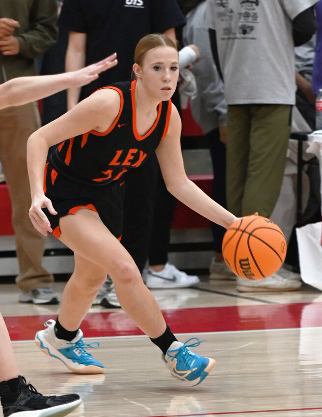 Lexington junior Addi Lippel dribbles the ball on the wing while looking to score for the Bulldogs. Lexington hosts Bridge Creek Friday night.