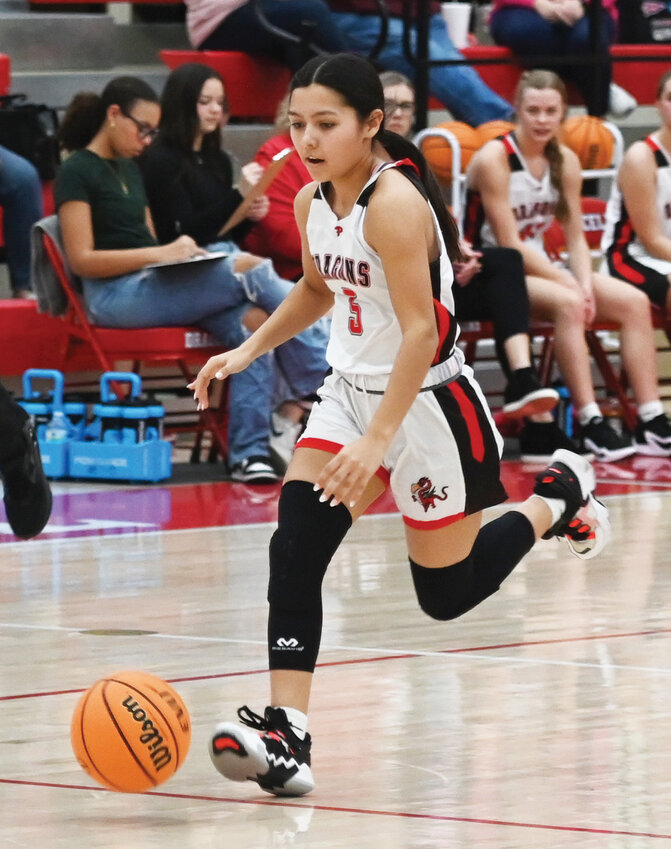 Purcell junior Kenna Esparza gets out ahead of the defense on a fast break for the Dragons. Purcell plays Bristow today (Thursday) at 6 p.m. at Okmulgee’s MVSKOKE Dome.
