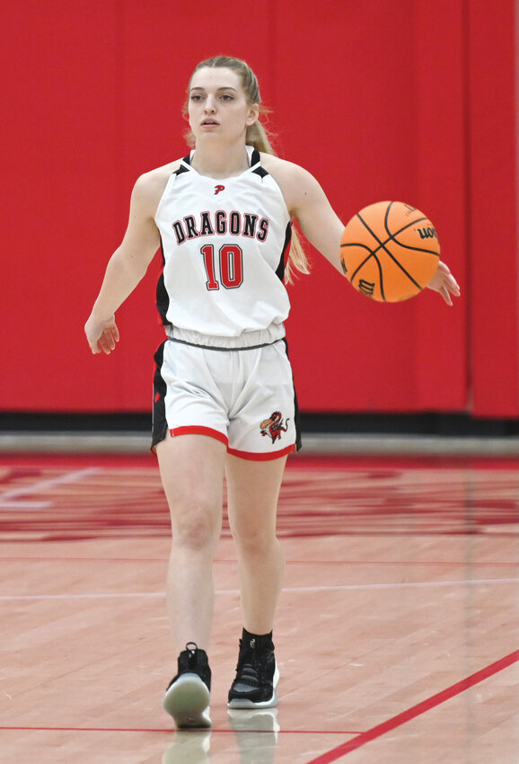 Purcell senior Jenna Avery brings the ball up the court. The Dragons&rsquo; season ended with a 57-51 loss to Bristow in the Area tournament. Avery scored 2 points in the game.