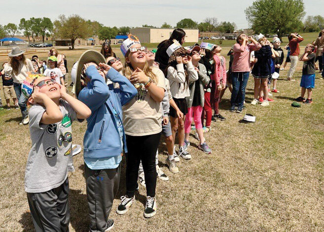 Purcell Intermediate students took a break from school work to check out Monday’s solar eclipse. At its peak, the sun was about 95% blocked by the moon. The next solar eclipse will happen in 2045.