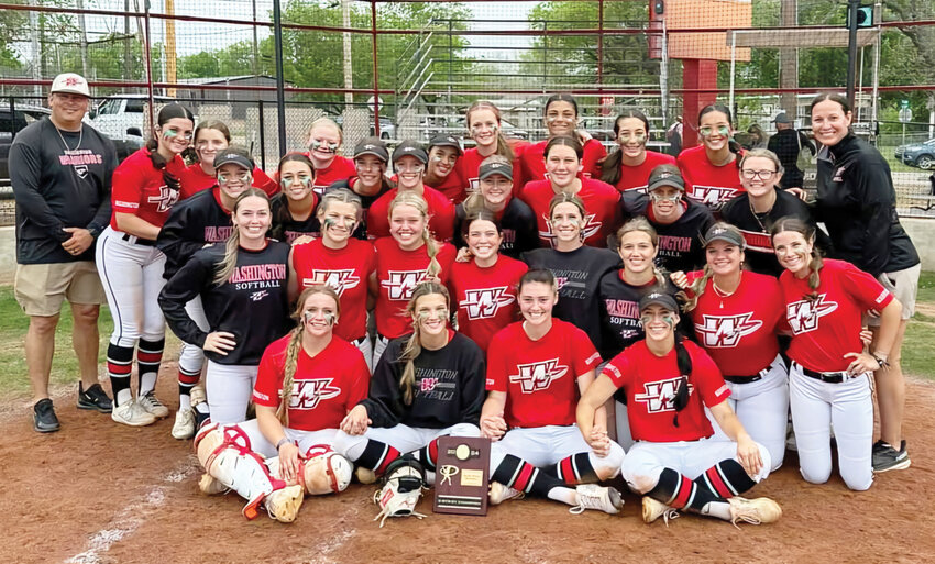 The Washington slow-pitch softball team won their District tournament Monday after defeating Western Heights and Dickson twice. Pictured are, on the front row, Bailey Hyde, Alexis Gay, Emjay Lucas, Halle Andrews. On the second row, from left, are Breanna Lindert, Shelbie Caveness, Addy Larman, Taylon Elliot, Olivia Palumbo Leksi Rector, Mikala West and Ava Grimes. On the next row, from left, are, Dorothy Shepard, Aly Reyes, Bree McHughes, Kelby Beller, Reese Schrader, Julie Hoehner, Laney Gay and Tatum Hyde. On the back row, from left, are head coach Tylor Lampkin, Daphne Palumbo, Abigail Austin, Chloe Mallory, Isabella Castillo, Kinzlee Pogue, Ava Salcedo, Raelee Adkins, Elena Lopez and assistant coach Jennifer Gay.