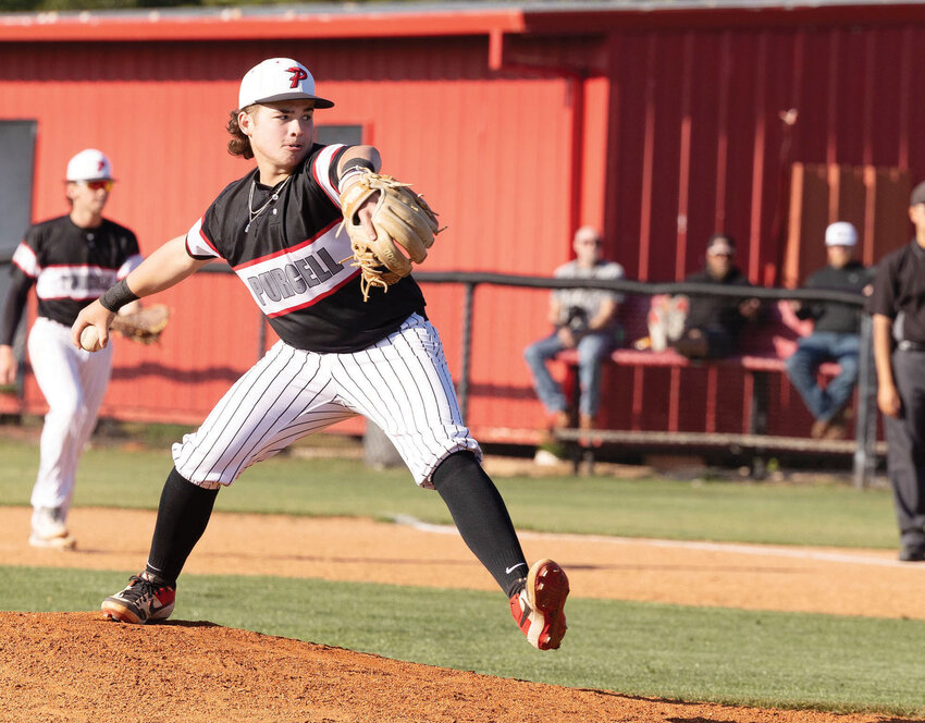 Purcell freshman Kash Knowles delivers a pitch for the Dragons during their 7-3 win over the OKC Knights Monday. Knowles struck out three batters in three innings of work with no earned runs.