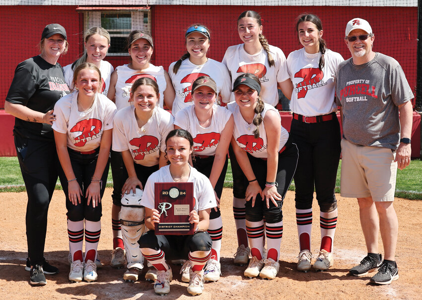 The Purcell slow-pitch softball team defeated Madill and Sulphur twice to claim the District tournament championship on Thursday. Pictured on the front row is senior Payci Constant. On the second row, from left, are Anika Raper, Haley Kretchmar, Jasey Baker and McKenzie McKay.  On the back row, from left, are head coach Sarah Jones, Emma Renfro, Rosie Smith, KK Vasquez, Ella Resendiz, Hannah Whitaker and assistant coach Roger Raper.