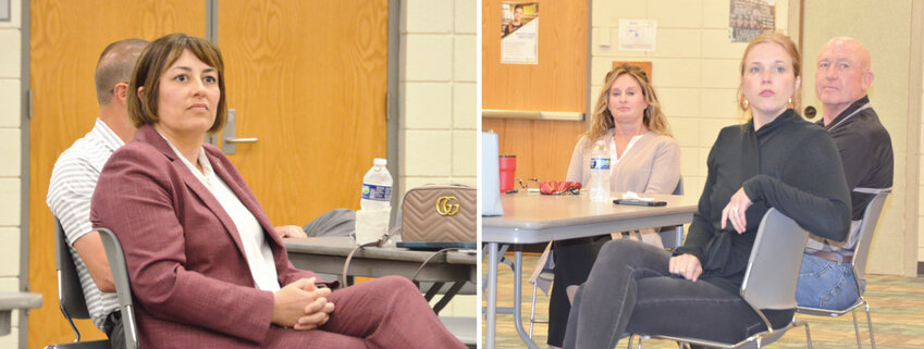 Candidates for State Senate District 43, incumbent Jessica Garvin, left, and challenger and current McClain County Assessor Kendal Sacchieri, answered questions from Mid-America Technology Center Superintendent Mike Eubank. They spoke before area school superintendents and employees of Mid-America.