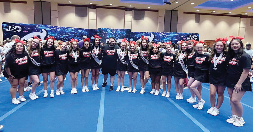 The 24-25 Purcell Cheerleaders are, from left, Val Salinas, Meghan Berry, Aubrey Elmore, Madi Jarvis, Ellie Reed, Kyleigh Dunagan, Paisley Knowles, Coach Grant Gish, Kate Ginn, Jaci Deaton, Megan Suri, Anahi Torres, Justus Fulbright, Mili Antonio, Kamdyn Snow, Anna Ray Berger, Whitney Bruehl and McKenna Martin.