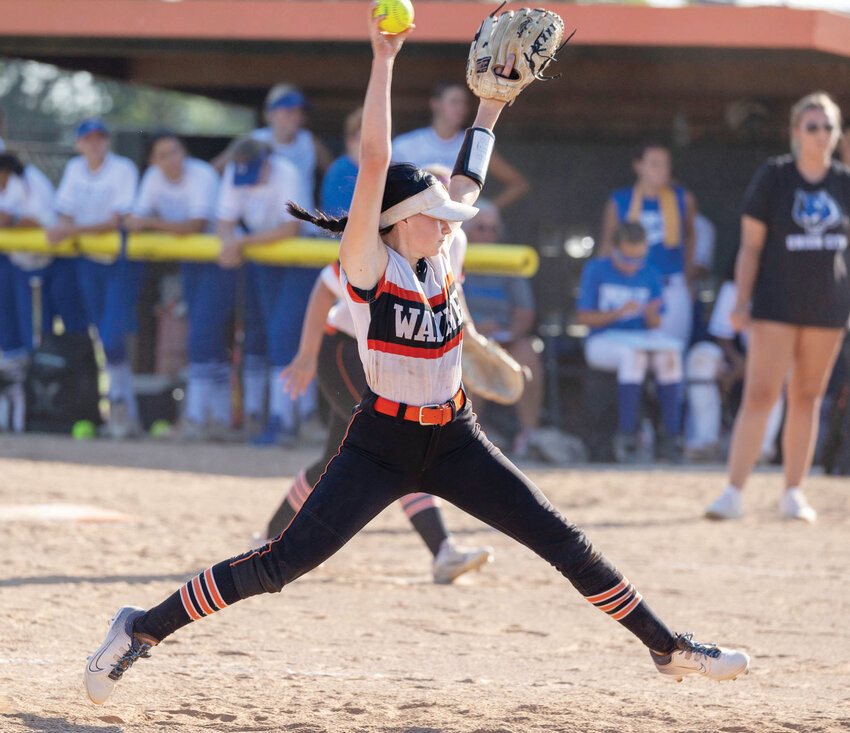 Wayne junior Alyssa Hobson pitches during the Bulldogs&rsquo; game against Union City. Wayne fell 20-6.