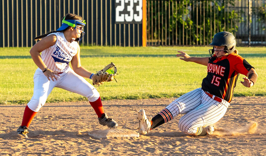 Wayne sophomore Cylie Jones slides into second base during the Bulldogs&rsquo; 13-3 win over Bray-Doyle.Jones was 2-2 with two RBIs in the game.