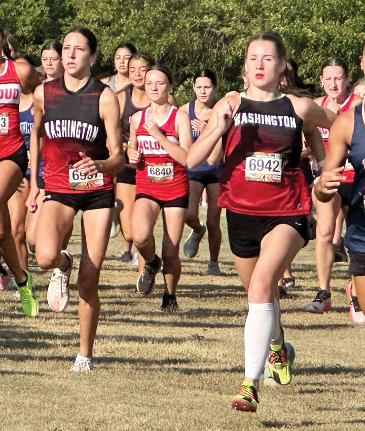 Washington&rsquo;s Aubrey Grimes and Rielyn Scheffe competing at the OBU CC Meet last Saturday.